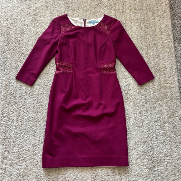 Antonio Melani Burgundy 3/4 Sleeve Lace Sheath Dress Knee Length - Picture 8 of 11